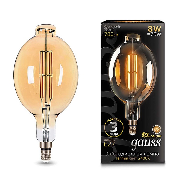 Лампа светодиодная филаментная Gauss E27 8W 2400K золотая 151802008 изображение 5 Лампа светодиодная филаментная Gauss E27 8W 2400K золотая 151802008 Фото № 5
