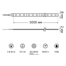 Светодиодная влагозащищенная лента Gauss 4,8W/m 60LED/m 2835SMD теплый белый 5M 311000105 1