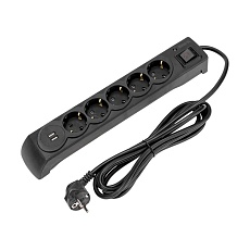 Фильтр сетевой 5 гнезд, 3м, 3х1,5мм², с автовыкл, 2 USB, черный KRANZ 13-4702